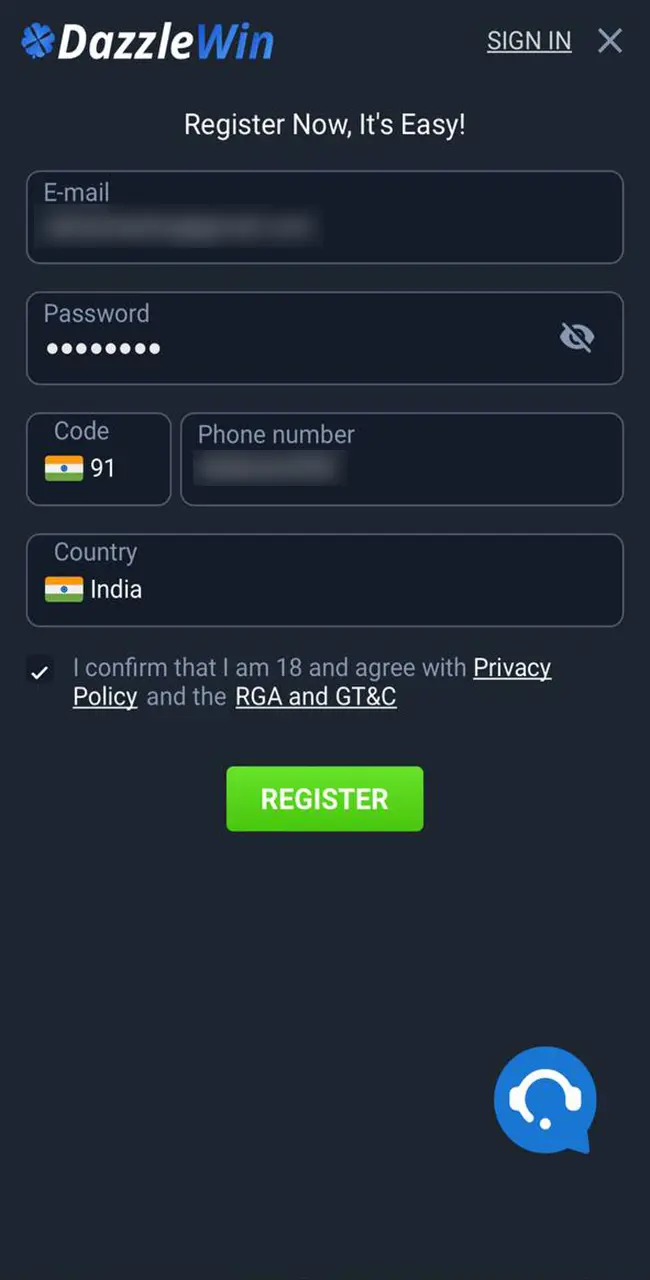 Carefully fill out the form to sign up for an account at DazzleWin Casino.