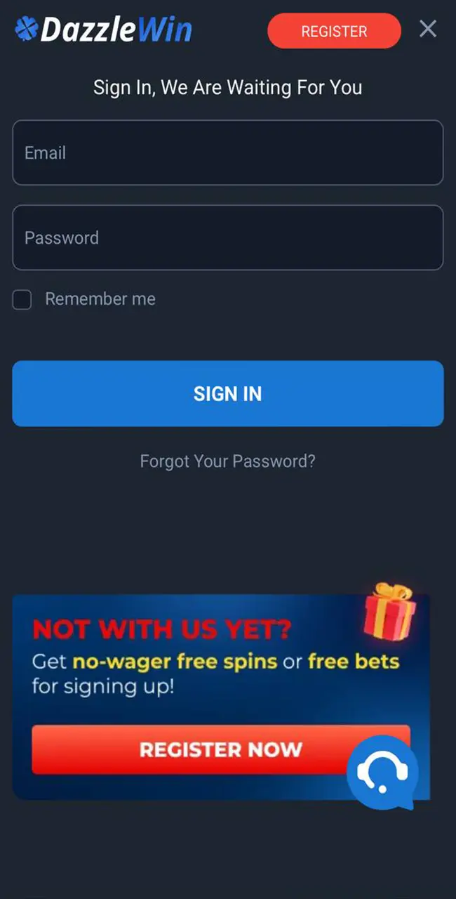 Log in to your account to start using the DazzleWin casino features.