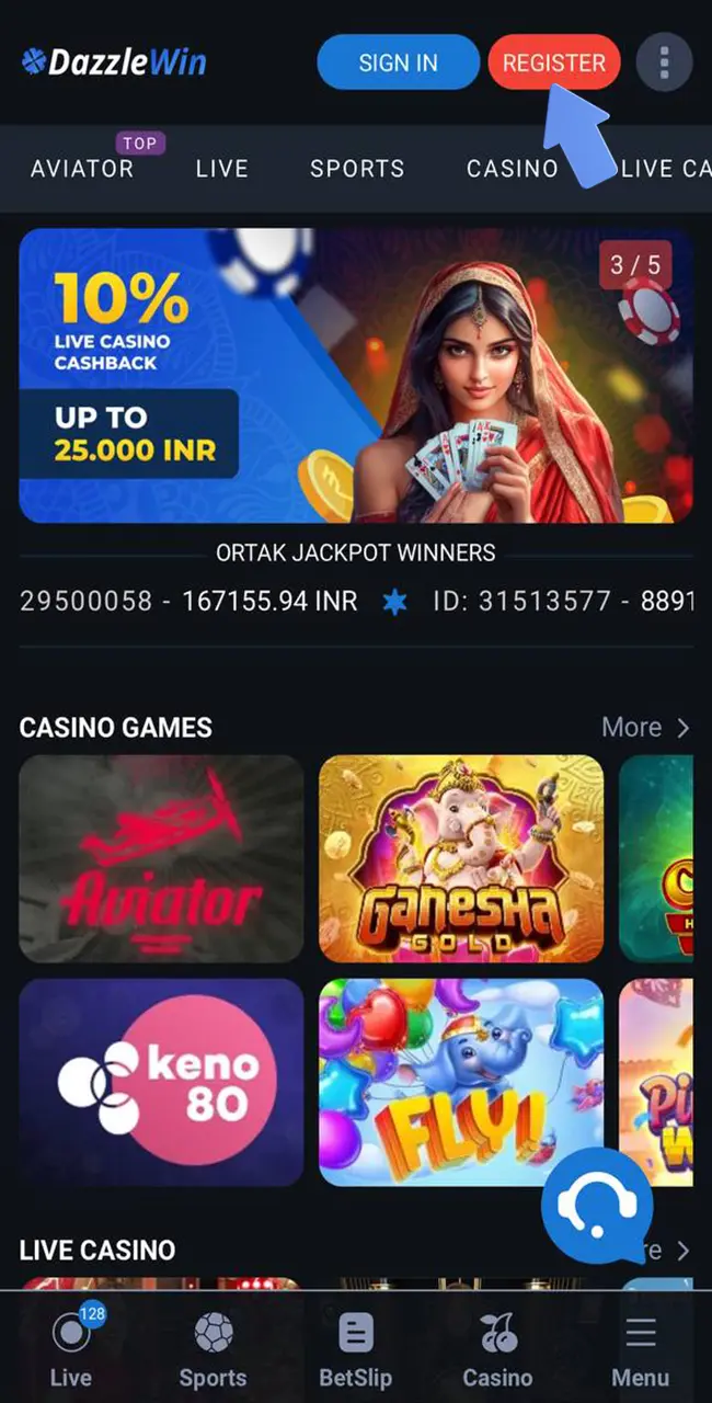 Launch the registration tab on the DazzleWin casino site.
